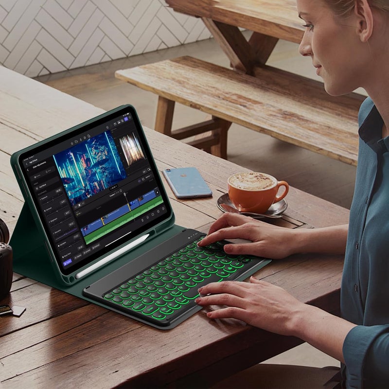 aoub Keyboard Case for iPad (A16) 11th Generation 11-inch 2025, iPad 10th Generation 10.9 inch 2022 with Pencil Holder, 7 Color Backlit Detachable Wireless Bluetooth Keyboard Stand Folio - Green - Image 4
